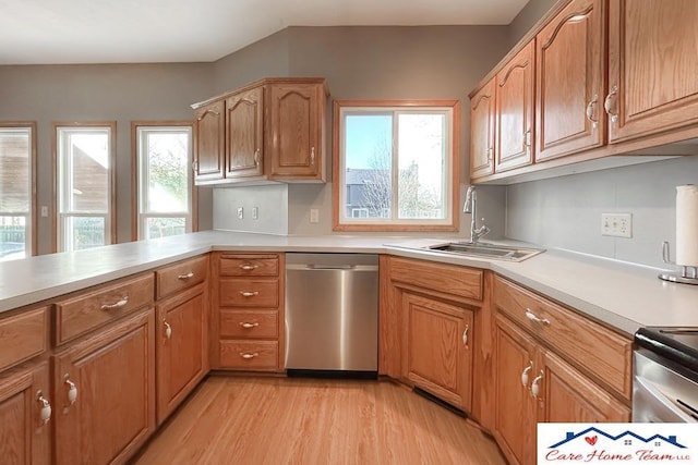 kitchen with dishwasher, sink, and light hardwood / wood-style flooring