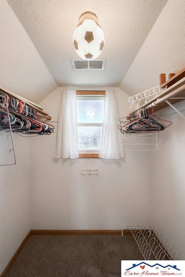 walk in closet featuring carpet flooring and vaulted ceiling