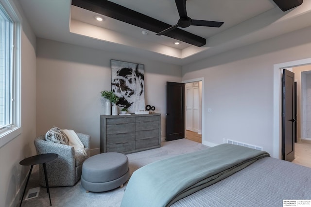 bedroom featuring a tray ceiling and ceiling fan