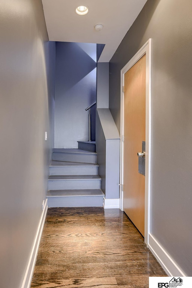 stairway with hardwood / wood-style flooring