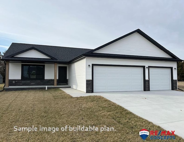 single story home featuring a porch, a front lawn, and a garage