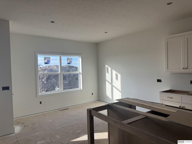 kitchen with visible vents, baseboards, a textured ceiling, and white cabinets