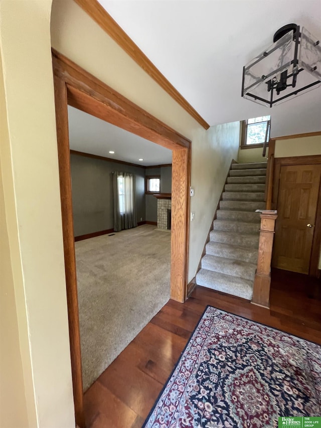 stairs with wood-type flooring, crown molding, and a wealth of natural light