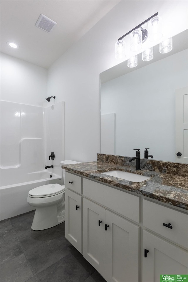 bathroom featuring toilet, shower / bathtub combination, vanity, and visible vents