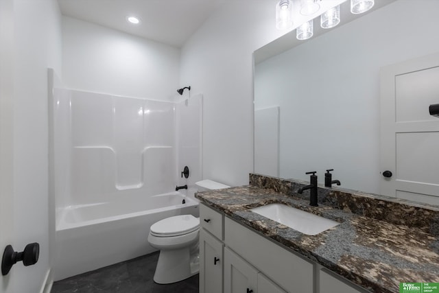 full bath with toilet, tub / shower combination, and vanity