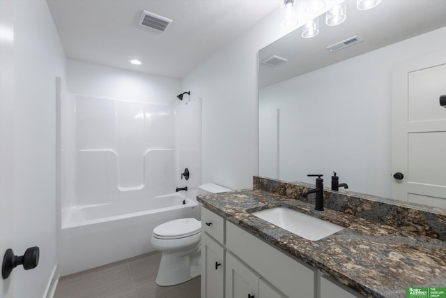 full bath with toilet, visible vents, shower / bathing tub combination, and vanity