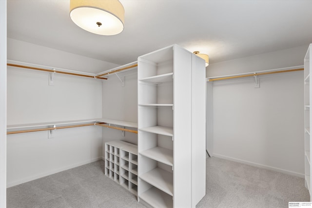 walk in closet with light carpet