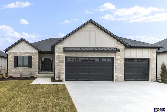 modern farmhouse style home with a front lawn and a garage