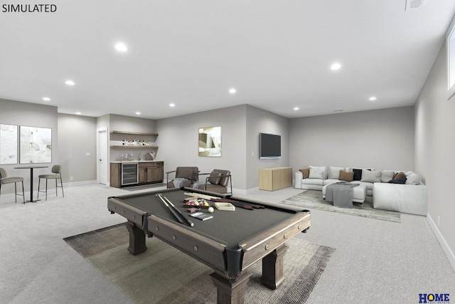 game room featuring bar area, carpet, beverage cooler, and pool table