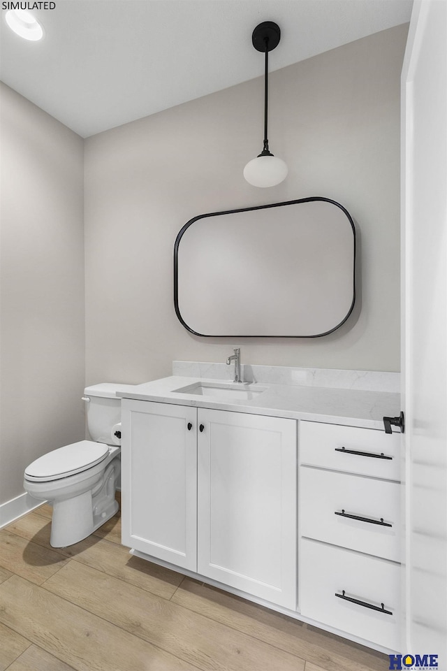 bathroom with vanity, wood-type flooring, and toilet