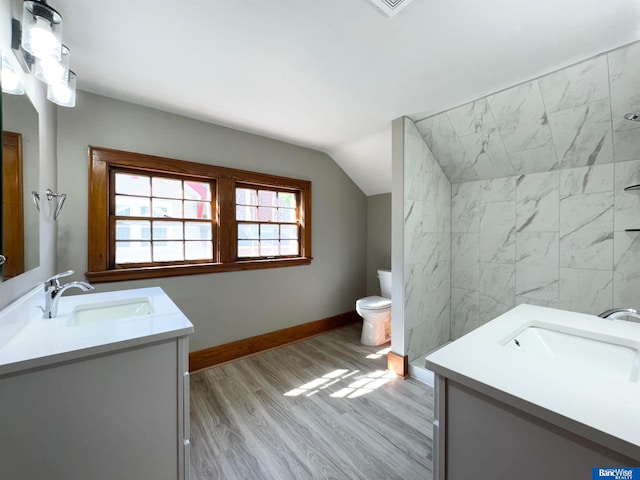 bathroom featuring toilet, vanity, vaulted ceiling, and hardwood / wood-style flooring