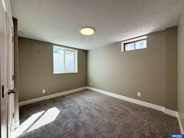 basement featuring electric panel, a textured ceiling, and dark colored carpet