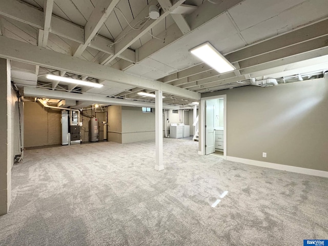 basement with carpet flooring, heating unit, and water heater