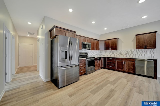 kitchen with backsplash, sink, light wood-type flooring, and appliances with stainless steel finishes