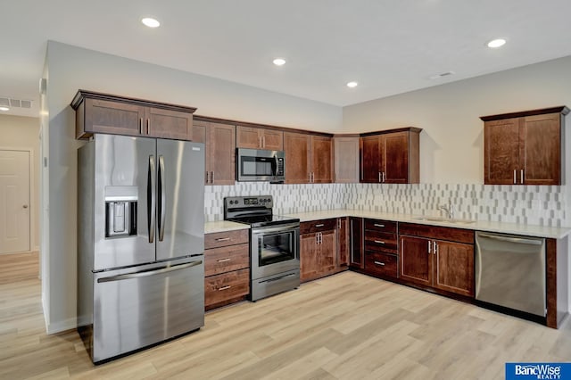 kitchen featuring decorative backsplash, appliances with stainless steel finishes, light wood-type flooring, and sink