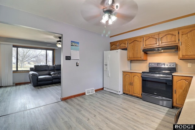 kitchen with white refrigerator with ice dispenser, electric range, light hardwood / wood-style flooring, and ceiling fan