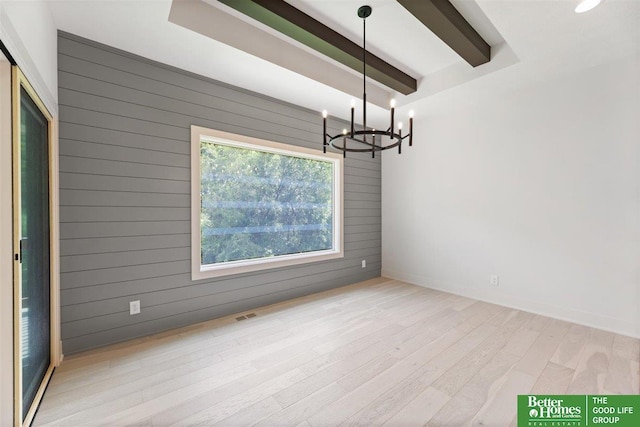 unfurnished dining area with beamed ceiling, light hardwood / wood-style flooring, wooden walls, and an inviting chandelier