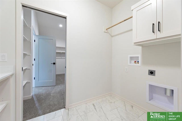 laundry room with electric dryer hookup, light carpet, hookup for a washing machine, and cabinets