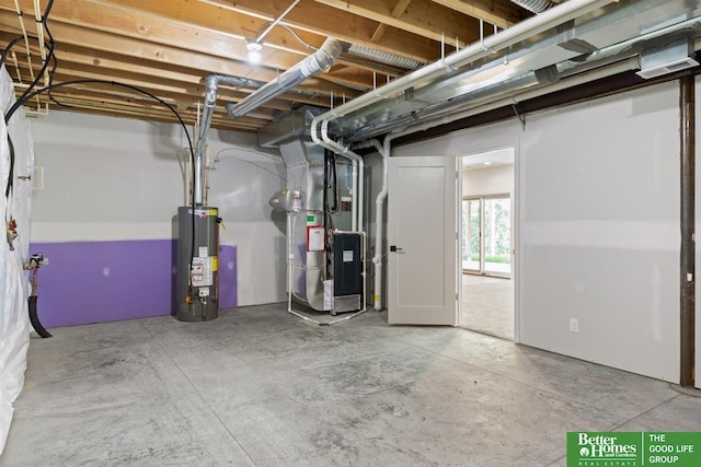 basement with gas water heater and heating unit