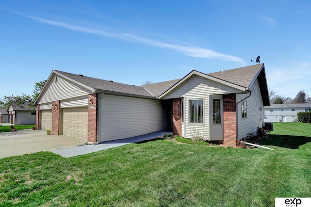 ranch-style house with a front yard, a garage, and central AC unit