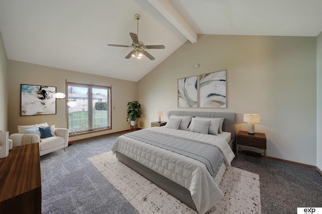 bedroom featuring carpet flooring, ceiling fan, and vaulted ceiling with beams