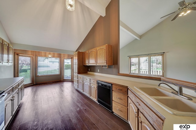 kitchen featuring beamed ceiling, plenty of natural light, sink, and black dishwasher