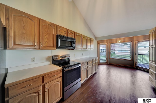 kitchen featuring high vaulted ceiling, dark wood-type flooring, and stainless steel range with electric stovetop