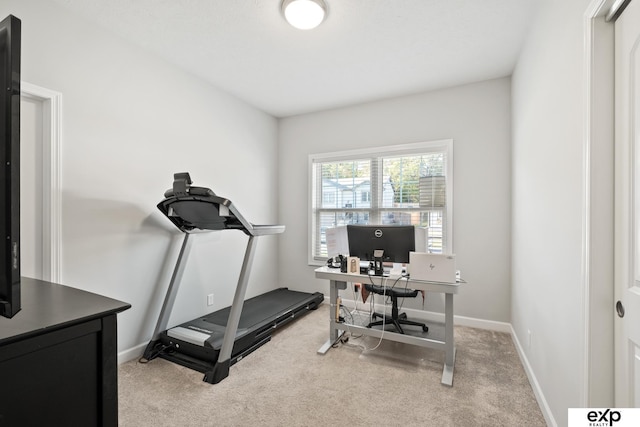 exercise room featuring light colored carpet