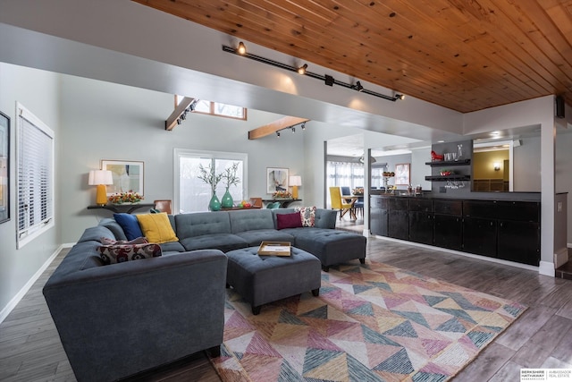 living room featuring rail lighting, dark wood-type flooring, and wood ceiling