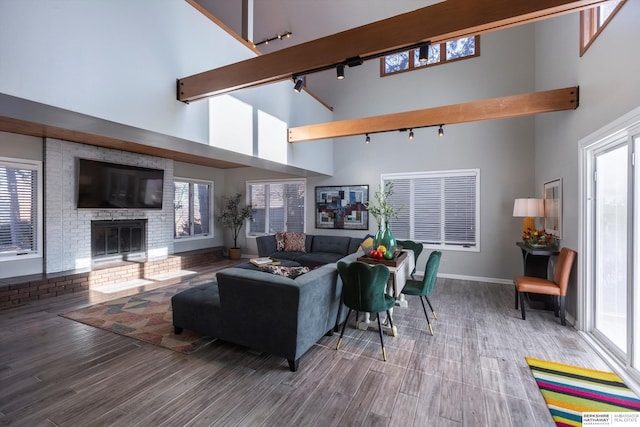 living room with a fireplace, wood-type flooring, rail lighting, and a wealth of natural light