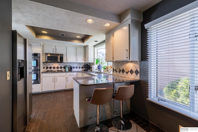 kitchen with white cabinetry, kitchen peninsula, stainless steel appliances, and tasteful backsplash