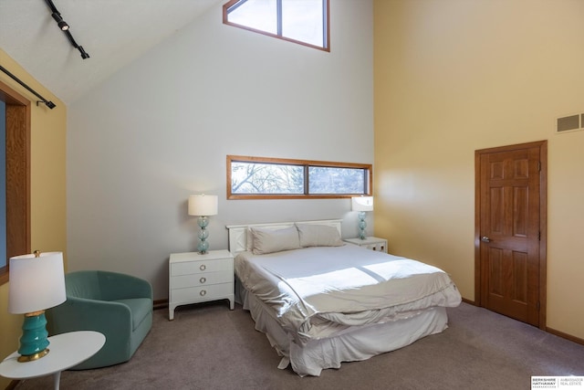 carpeted bedroom with rail lighting and high vaulted ceiling