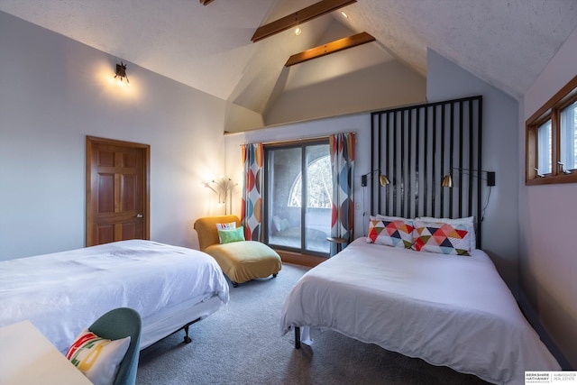 bedroom featuring carpet flooring, vaulted ceiling with beams, and access to outside