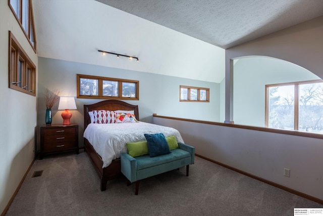 carpeted bedroom featuring a textured ceiling, rail lighting, and vaulted ceiling