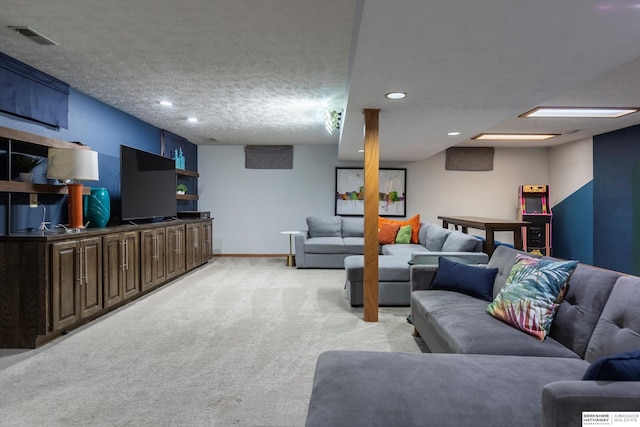 living room with light colored carpet and a textured ceiling