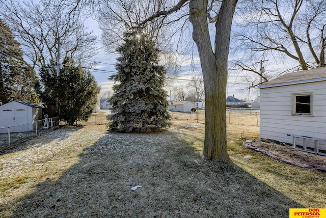 view of yard with a storage shed