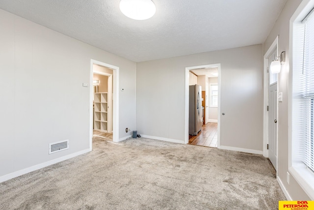 unfurnished room with light carpet, a textured ceiling, and a wealth of natural light