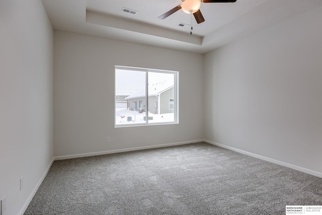 spare room featuring a raised ceiling, ceiling fan, and carpet