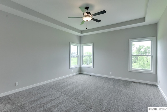 spare room featuring a raised ceiling, carpet, and ceiling fan