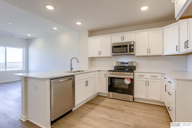 kitchen featuring a peninsula, light wood finished floors, appliances with stainless steel finishes, and a sink