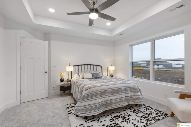 carpeted bedroom featuring a tray ceiling and ceiling fan