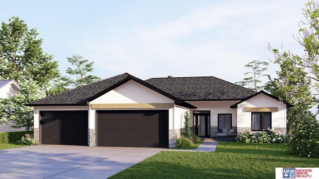 view of front facade featuring a garage and a front lawn