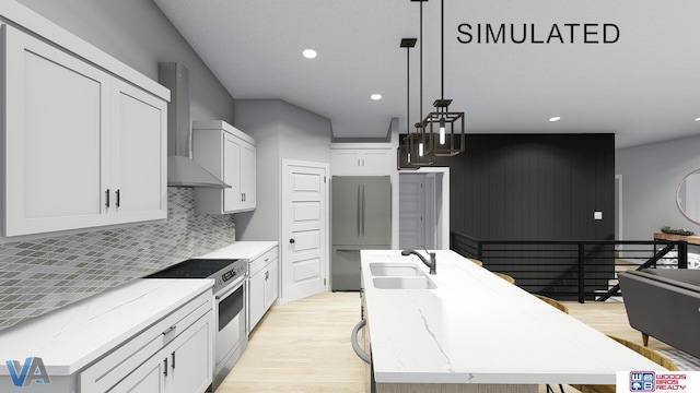 kitchen featuring an island with sink, pendant lighting, and appliances with stainless steel finishes