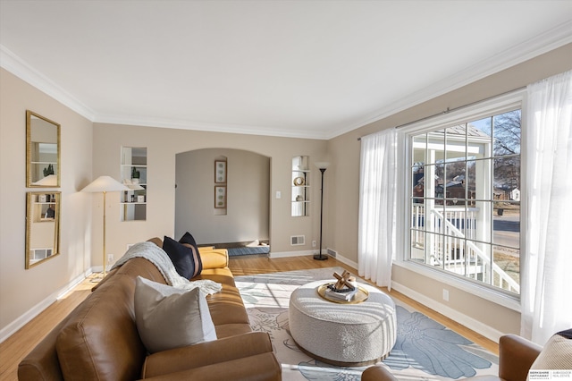 living room featuring light hardwood / wood-style floors and crown molding