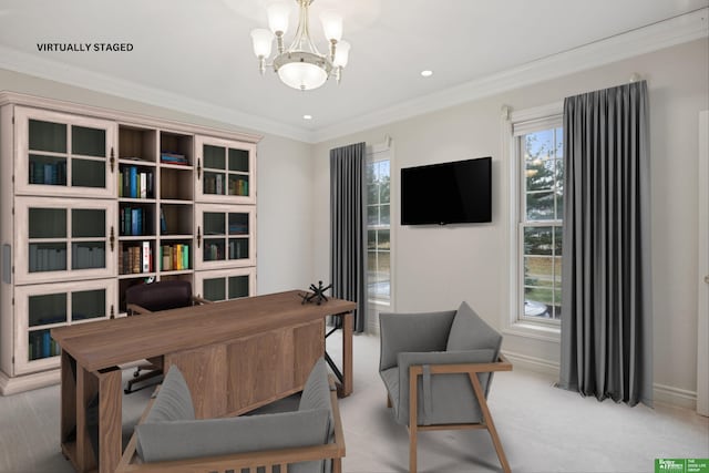 carpeted home office with a chandelier and ornamental molding