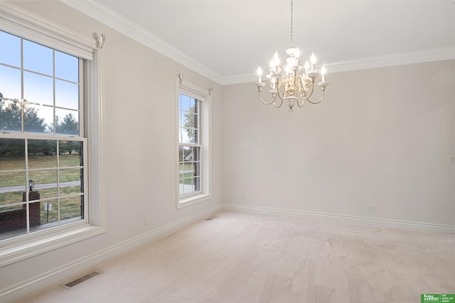 unfurnished room with carpet flooring, a notable chandelier, and ornamental molding