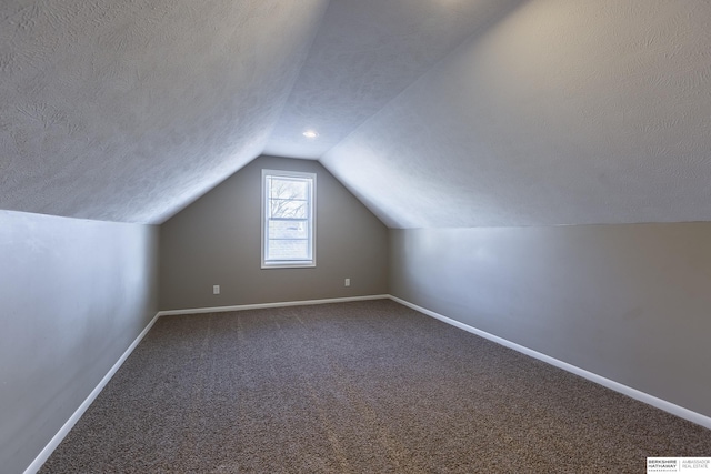 additional living space featuring carpet flooring, a textured ceiling, and vaulted ceiling