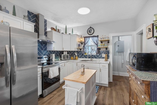 kitchen with sink, white cabinetry, wooden counters, dark hardwood / wood-style flooring, and appliances with stainless steel finishes