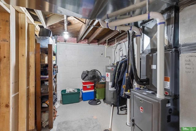 basement with heating unit and water heater