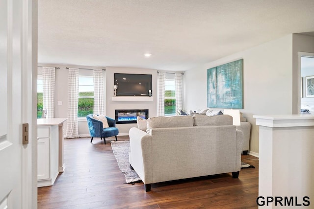 living room featuring a textured ceiling and dark hardwood / wood-style flooring